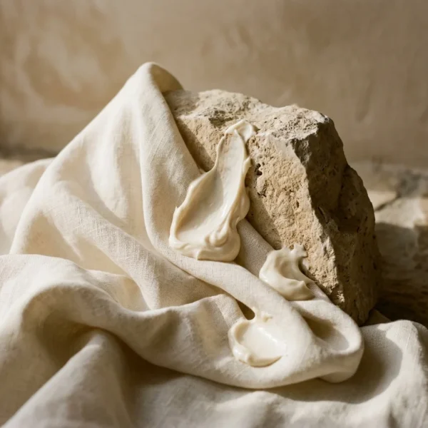 Émulsions soyeuses, lin froissé et textures sensorielles sur coupelle minérale